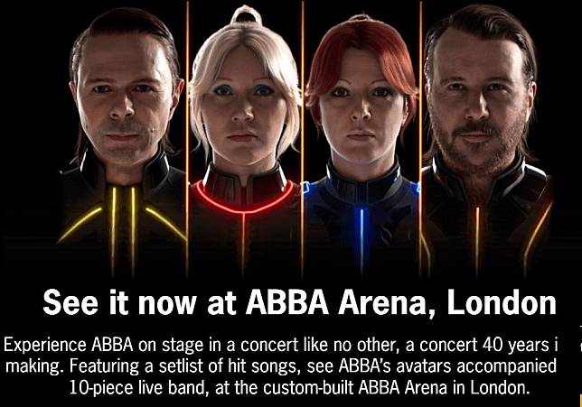 瑞典國寶樂團ABBA的粉絲們穿著緞面的燈籠褲、腳踩厚底靴，27日湧入倫敦東部的一處音樂廳，參加「ABBA啟航」(ABBA Voyage)的數位化身演唱會。(圖截自官網)