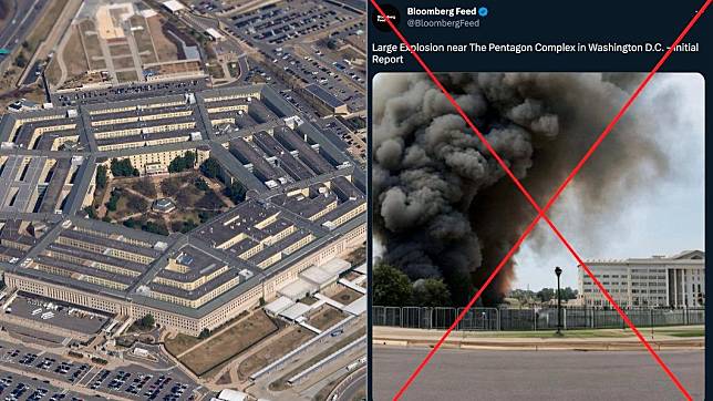 一個聲稱自己是「彭博社新聞」的推特帳號發出爆炸圖片，稱華盛頓特區內有爆炸，位置在五角大廈附近。左圖為正常的五角大廈。（圖／達志影像美聯社、翻攝推特）