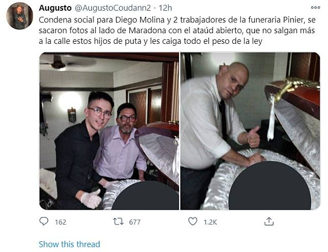馬拉度納殞落的消息震驚國際，阿根廷痛舉國哀悼，然而，竟遭爆出葬禮人員在儀式前擅自開啟馬拉度納的棺木，「比讚」與其合影發上網炫耀，讓民眾相當無法接受。   圖 : 截自推特。