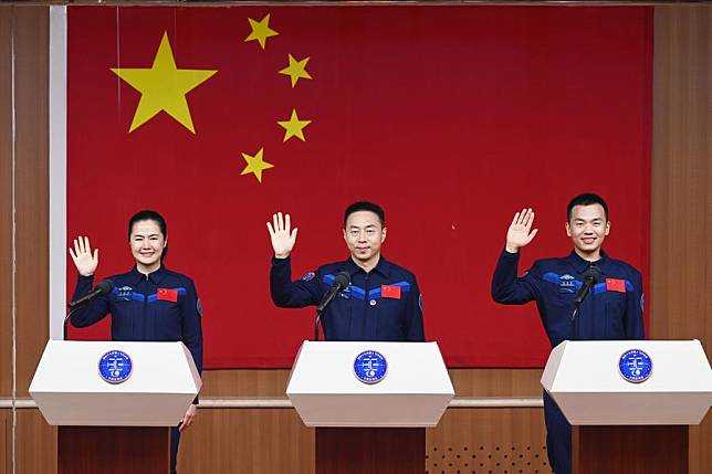 Chinese astronauts Cai Xuzhe &copy;, Song Lingdong &reg; and Wang Haoze, who will carry out the Shenzhou-19 spaceflight mission, meet the press at the Jiuquan Satellite Launch Center in northwest China, Oct. 29, 2024. (Photo by Wang Jiangbo/Xinhua)