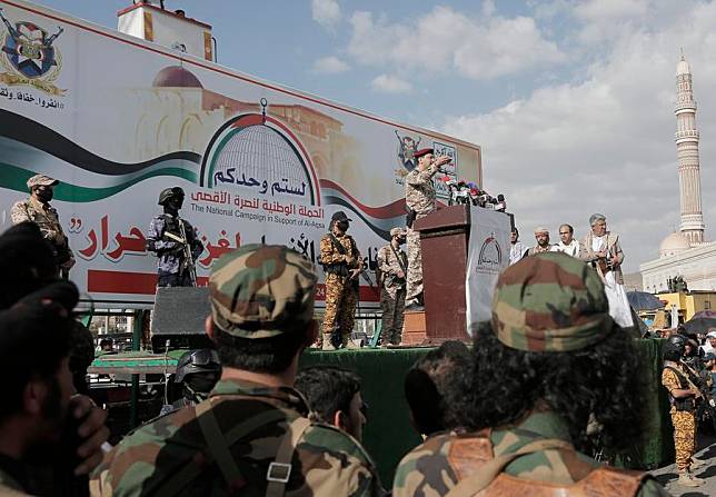 Houthi military spokesman Yahya Sarea speaks during a rally in Sanaa, Yemen, on May 3, 2024. (Photo by Mohammed Mohammed/Xinhua)