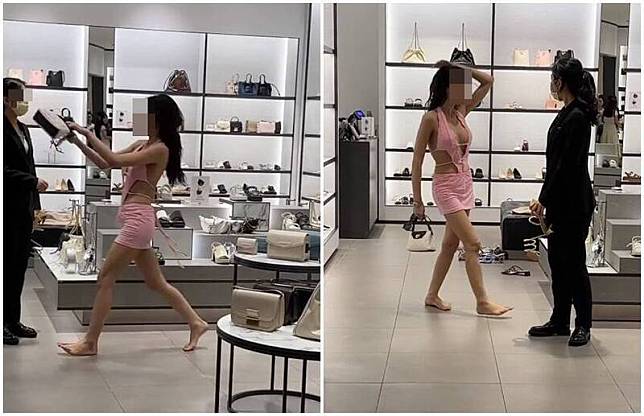 身穿爆乳洋裝的外國女子在台北101「小CK」專櫃砸店鬧事。(圖翻攝自Threads)