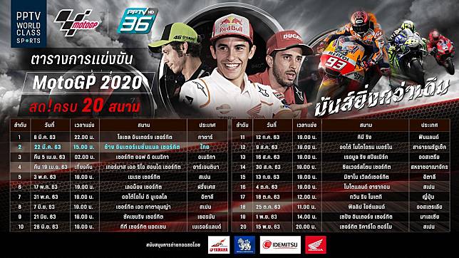 ตาราง MotoGP 2020 ! โปรแกรมถ่ายทอดสด พร้อมเวลาแข่งขัน ทั้งหมด 20 สนาม