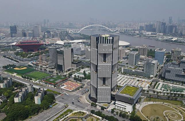 An aerial drone photo taken on June 17, 2022 shows the headquarters building of the New Development Bank in east China's Shanghai. (Xinhua/Fang Zhe)