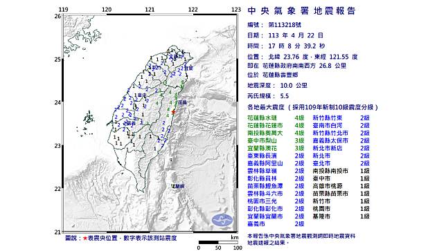 17:08發生規模5.5地震。中央氣象署提供