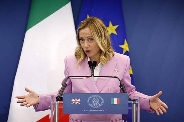 Italian Prime Minister Giorgia Meloni attends a press conference at Villa Doria Pamphili in Rome, Italy, on Sept. 16, 2024. (Photo by Alberto Lingria/Xinhua)