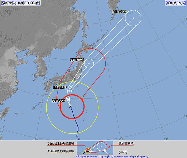 今年第19號颱風哈吉貝朝著日本前進，日本氣象廳今天表示，哈吉貝的威力強勁，可與1958年的颱風艾達(Ida)相匹敵，當時艾達在靜岡和關東地區造成1200多人喪生。(日本氣象廳)