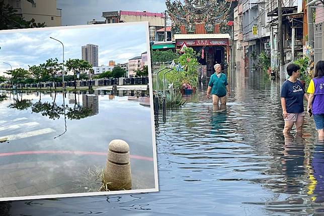 超級藍月加上蘇拉的外圍環流，讓台南安平區（左圖）、屏東東港（右圖）都淹大水。（合成照片／取自周麗津、謝名覲臉書）