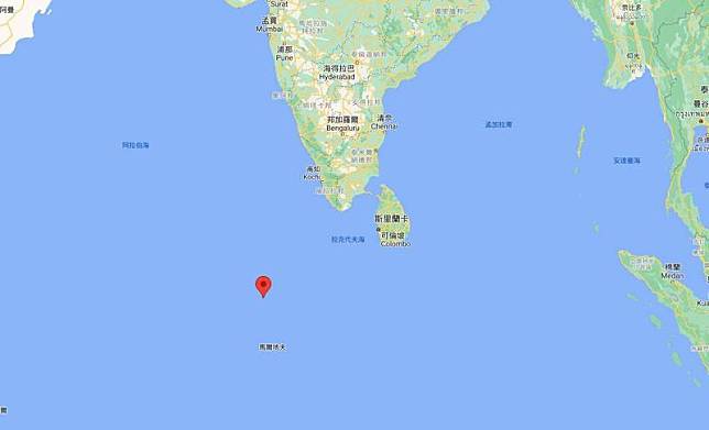 根據美軍觀測以及中國官方消息指出，長征火箭殘骸已於今上午10點24分墜落印度洋海域。(圖擷自GoogleMap)