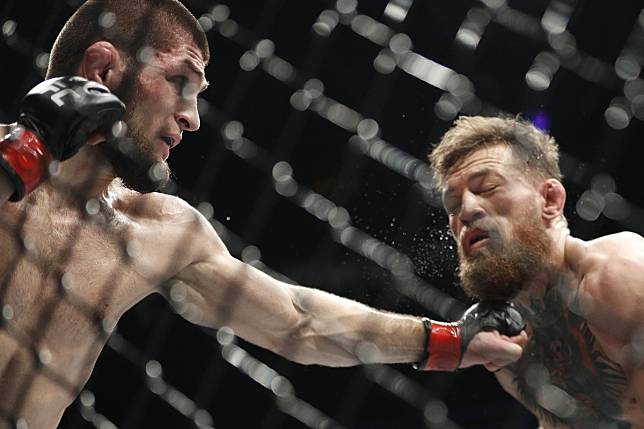 Khabib Nurmagomedov punches Conor McGregor at UFC 229. Photo: AP