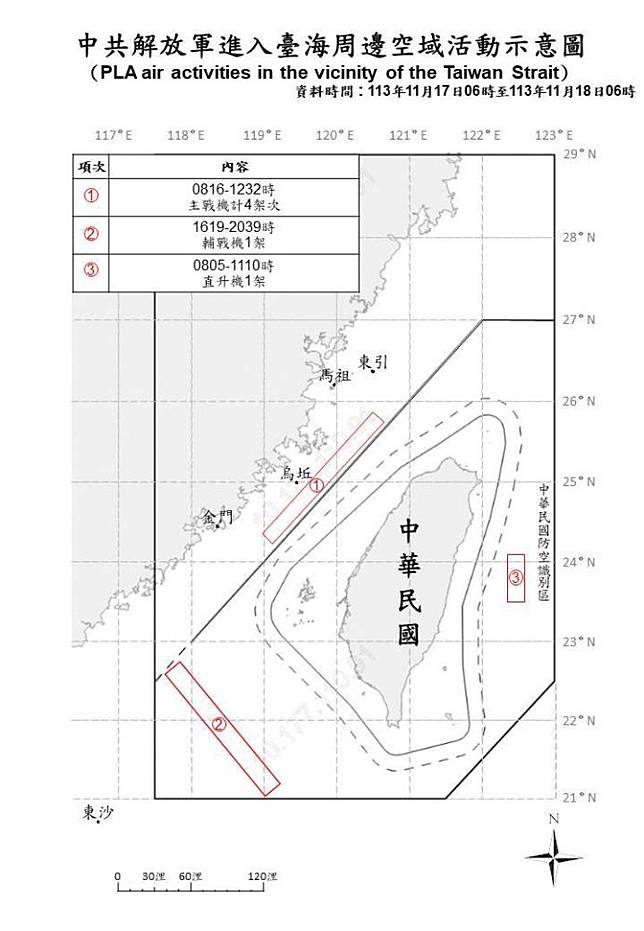 中共解放軍進入臺海周邊空域活動示意圖。（國防部提供）