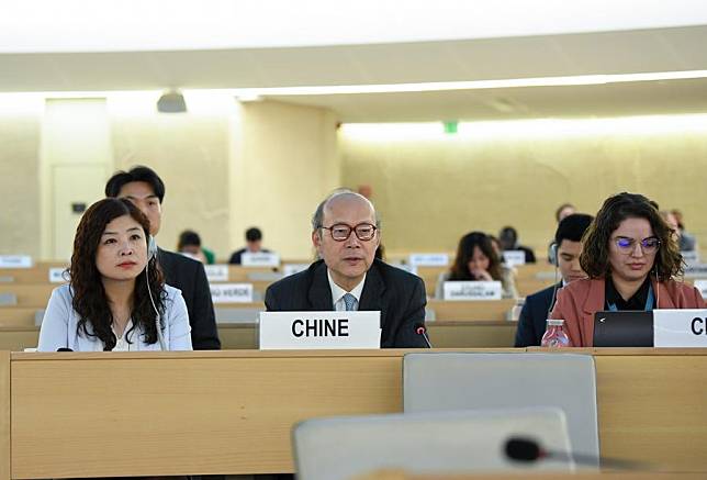 Chen Xu (C, Front), permanent representative of China to the UN office in Geneva and other international organizations in Switzerland, speaks at the 56th session of the United Nations (UN) Human Rights Council in Geneva, Switzerland, on July 1, 2024. (Xinhua/Lian Yi)