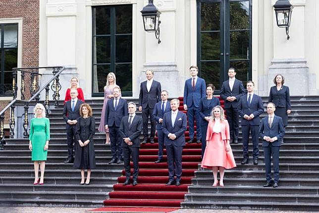 Dutch King Willem-Alexander (front, 3rd R) and members of the new Dutch government led by Prime Minister Dick Schoof (front, 3rd L) pose for a group photo at the Huis ten Bosch Palace in The Hague, the Netherlands, on July 2, 2024. (Photo by Sylvia Lederer/Xinhua)