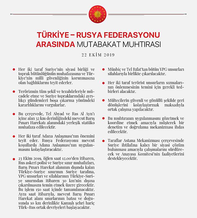 土耳其與俄羅斯已達成協議，要將敘利亞庫德族趕出家門   圖：土俄協議　取自土耳其總統艾爾段推特