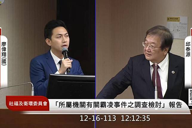 衛福部部長邱泰源16日出席立院衛環委員會報告，國民黨立委廖偉翔詢問關於霸凌案、台大婦產科權威性騷案事件。（圖片來源／立法院直播截圖）