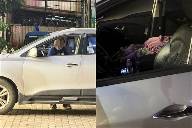 母親發現把嬰兒獨留車上被抓包後，哄好嬰兒不久就趕緊驅車離開。圖／翻攝自Threads／fltkim78922