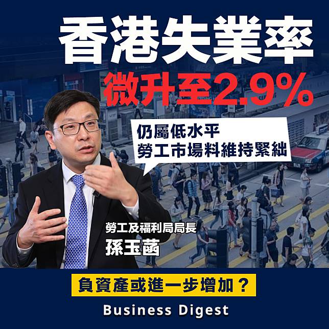 【香港就業】香港失業率2.9%，孫玉菡：仍屬低水平、勞工市場料維持緊絀