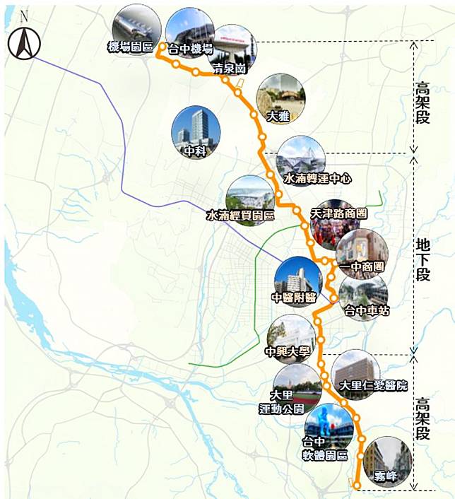 台中機場捷運橘線示意圖，沿中清路、國光路及中興路等台中主要幹道規劃。（記者陳金龍攝）