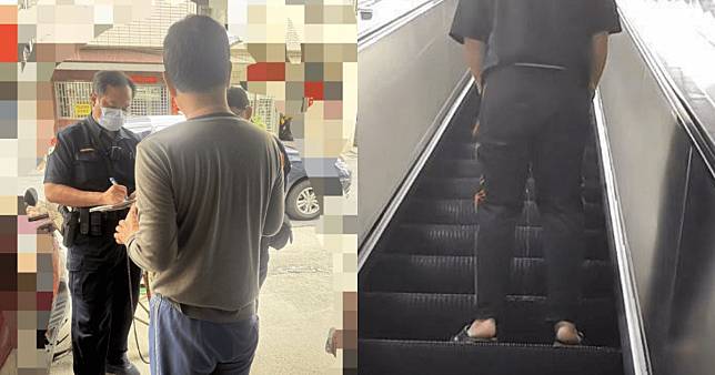 宋姓男子在高雄捷運電扶梯尿尿（右圖），捷運警察追查到當事人依法開罰。（翻攝畫面、Threads）