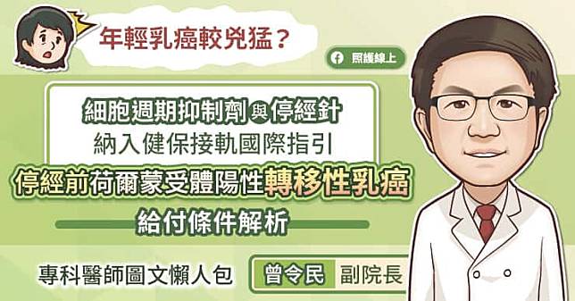 年輕乳癌較兇猛？細胞週期抑制劑與停經針納入健保接軌國際指引，停經前荷爾蒙受體陽性轉移性乳癌給付條件解析，專科醫師圖文懶人包