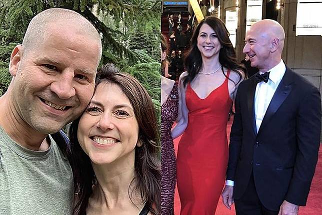 貝佐斯（右圖右）和前妻史考特（左圖右、右圖左）2019年離婚，後來史考特嫁給了科學教師朱伊特（左圖左）。（左圖翻攝自The Giving Pledge，右圖翻攝自Jeff Bezos twitter）