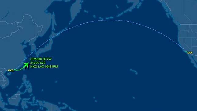 國泰航空（Cathay Pacific）一架航班穿越時空。（圖／翻攝自FlightAware）