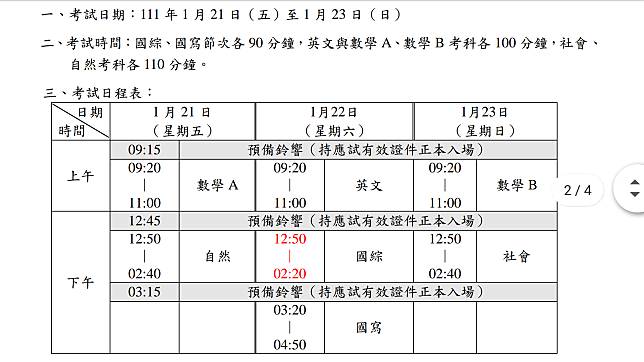 111學年度大學學科能力測驗日程表。(大考中心提供)