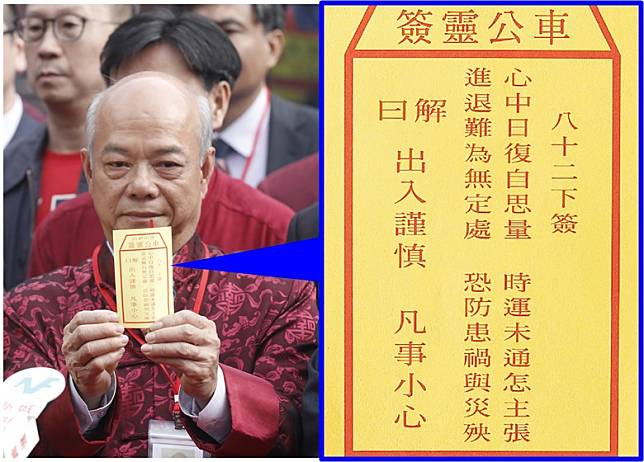 李志麒(左)今年農曆大年初二於沙田車公廟為沙田區求得82號下籤。