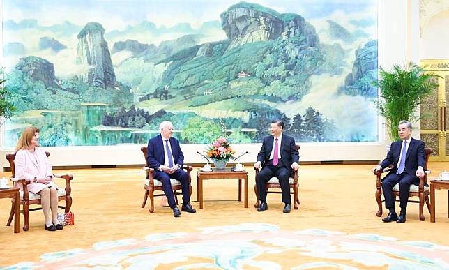 Chinese President Xi Jinping meets with President of the Merieux Foundation Alain Merieux and his wife at the Great Hall of the People in Beijing, capital of China, April 8, 2024. (Xinhua/Huang Jingwen)