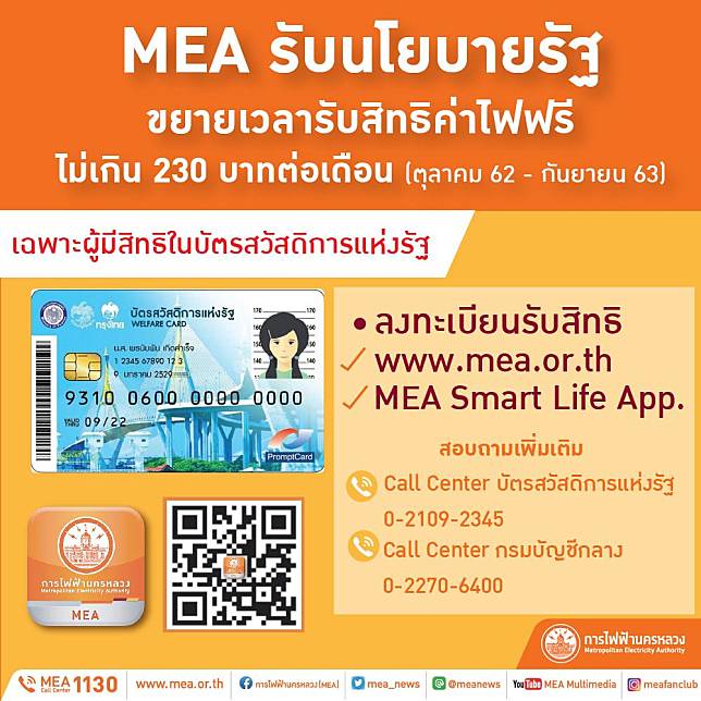 MEA ขานรับนโยบายรัฐ ขยายเวลารับสิทธิค่าไฟฟรี ไม่เกิน 230 บาทต่อเดือน