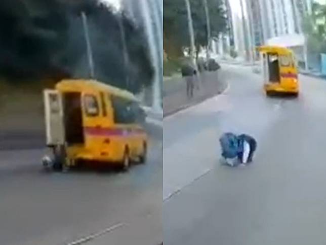 學生哥校巴車尾跌出馬路。影片截圖
