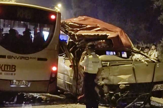 Rescuers worked to free the 56-year-old driver of the minibus, but she later died at the scene. Photo: RTHK