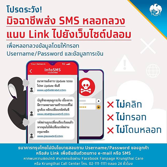 ระวัง! มิจฉาชีพส่ง SMS หลอกลวง แนบ Link ไปยังเว็บไซต์ปลอม เพื่อหลอกให้กรอกข้อมูล