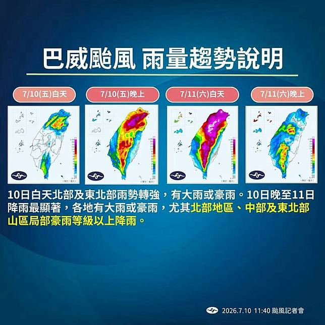 巴威颱風雨量趨勢說明。(氣象署提供)