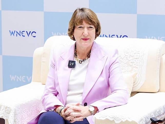 Hildegard Mueller, president of the German Association of the Automotive Industry, takes part in an interview during the 2024 World New Energy Vehicle Congress (WNEVC) in Haikou, capital of south China's Hainan Province, Sept. 28, 2024. (WNEVC/Handout via Xinhua)