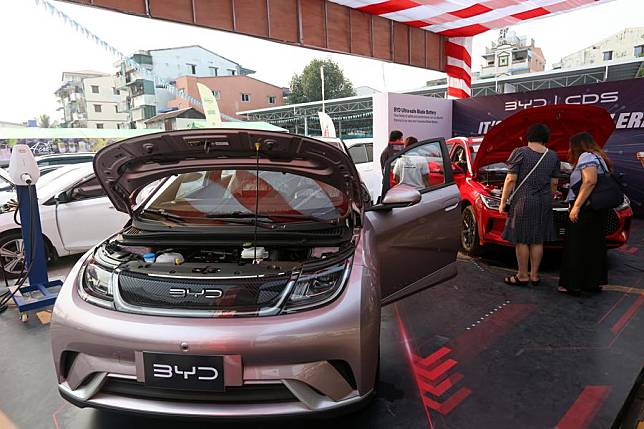 This photo taken on March 2, 2023 shows BYD electric cars at the Pannita Auto Fair in Yangon, Myanmar. (Photo by Myo Kyaw Soe/Xinhua)