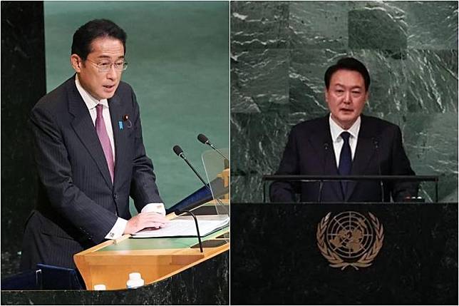 日本首相岸田文雄與南韓總統尹錫悅於聯合國大會外會面，也是時隔2年9個月日韓領袖首度單獨會面。（翻攝岸田文雄推特、尹錫悅IG）