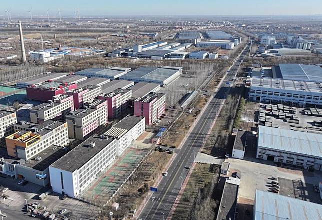 This photo taken on Jan. 3, 2025 shows factories of carpet manufacturers in Cuihuangkou Town, Tianjin, north China, on Jan. 3, 2025. (Xinhua/Li Ran)