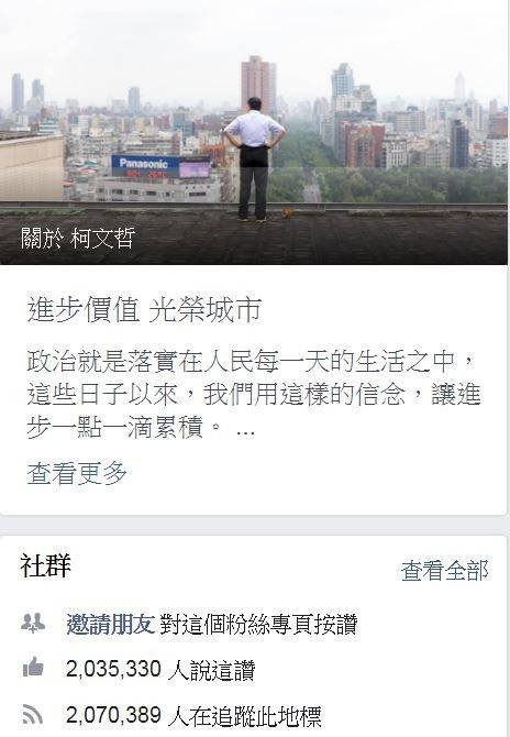 台北市長柯文哲臉書粉絲人數持續下滑，短短18天就少了9萬餘人。(擷取自柯文哲臉書)