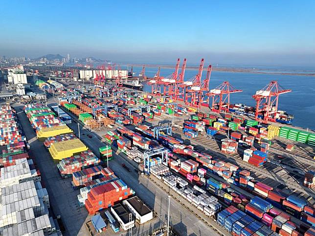 An aerial drone photo shows the container terminal of Lianyungang Port in east China's Jiangsu Province, Jan. 3, 2025. (Photo by Wang Chun/Xinhua)