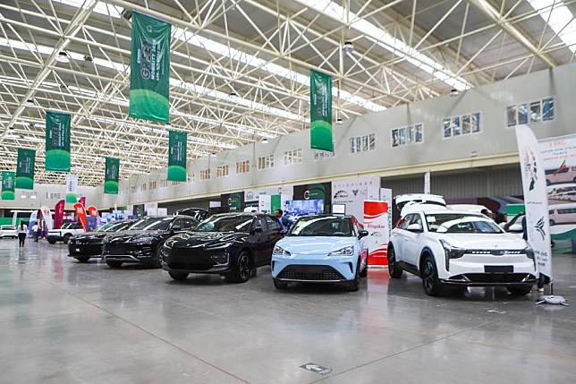 Exhibitors display electric vehicles at the Ethio-Green Mobility 2024 exhibition in Addis Ababa, capital of Ethiopia, Nov. 25, 2024. (Xinhua/Michael Tewelde)