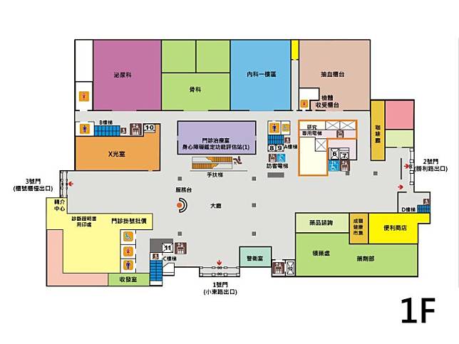 成大醫院門診大樓一樓平面圖。