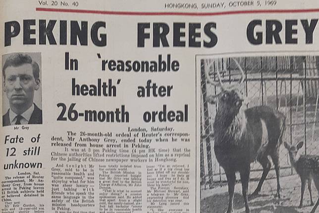 The Post Herald report dated October 5, 1969, regarding the release of Anthony Grey, a British journalist for Reuters, who was imprisoned by the Chinese government for 27 months in China from 1967 to 1969.