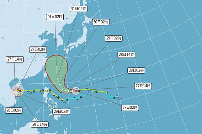 康芮颱風最新預測路徑曝光。（圖／翻攝自中央氣象署）