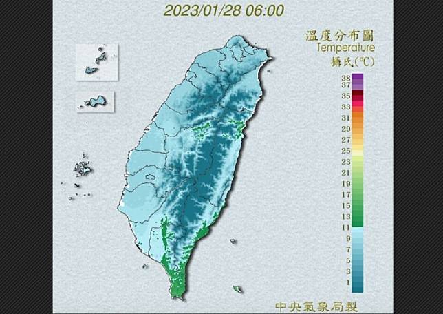 ▲中央氣象局表示，今（28）日受寒流影響，天氣非常寒冷，各地都有局部10度以下低溫，臺南以北及宜蘭、花蓮更有6度以下或持續10度左右低溫發生的機率。（圖／中央氣象局）