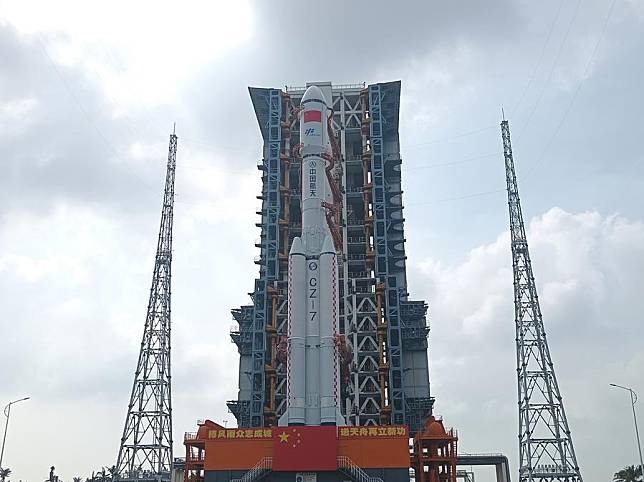 This photo taken on Nov. 13, 2024 shows the combination of the Tianzhou-8 cargo spacecraft and a Long March-7 Y9 carrier rocket after being vertically transferred to the launch area. (Photo by Huang Guochang/Xinhua)