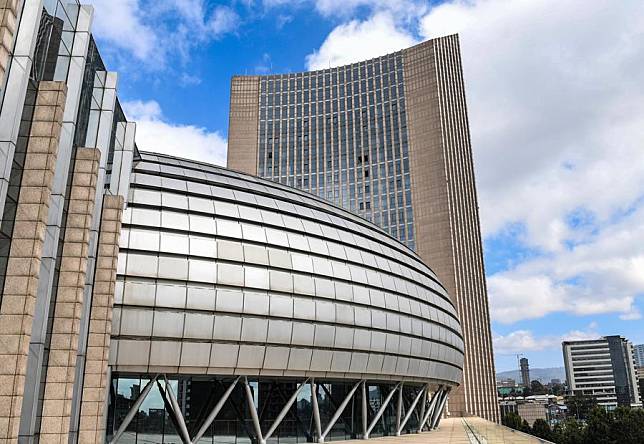 This photo taken on Feb. 17, 2024 shows an exterior view of the African Union headquarters in Addis Ababa, Ethiopia. (Xinhua/Li Yahui)