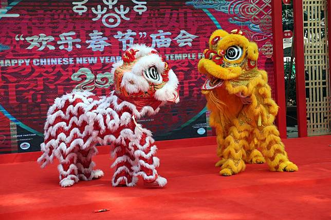 A lion dance is staged during a temple fair welcoming the Chinese New Year in Dhaka, Bangladesh, Jan. 10, 2025. (Photo by Habibur Rahman/Xinhua)