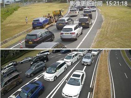 重陽節當日，北上車輛在港珠澳大橋橋面車龍達幾百米。（港珠澳大橋珠海口岸微信公眾號）