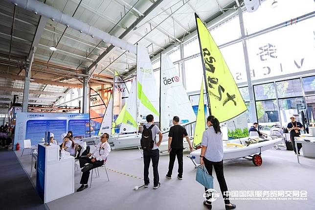 Five sailboats are displayed side by side at the 2024 China International Fair for Trade in Services (CIFTIS). (CIFTIS/Handout via Xinhua)